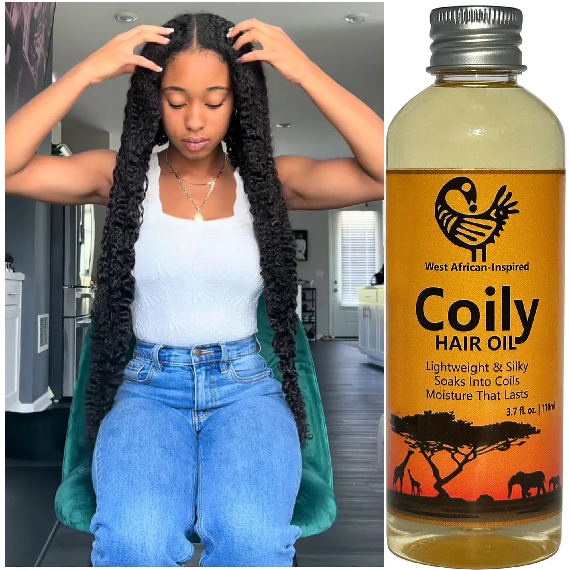Huile pour cheveux crépus d'inspiration ouest-africaine de 110 ml avec romarin et ricin, légère et soyeuse, pénètre dans les boucles, hydratation durable