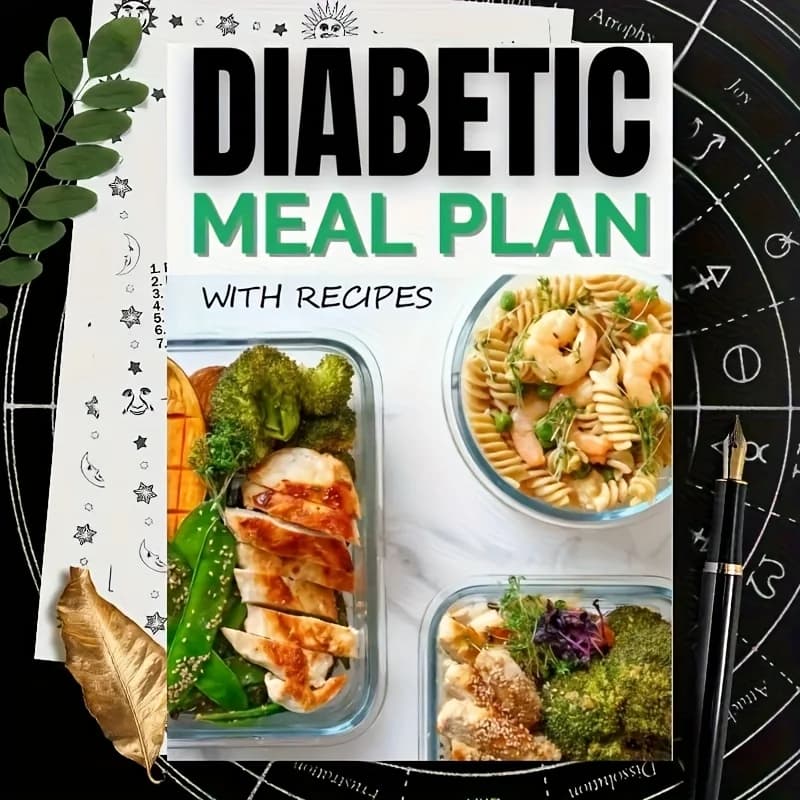 Plan repas diabétique A5 de 91 pages avec recettes, liste des aliments pour diabétiques et planificateur de repas, tableau des aliments pour diabétiques de type 2