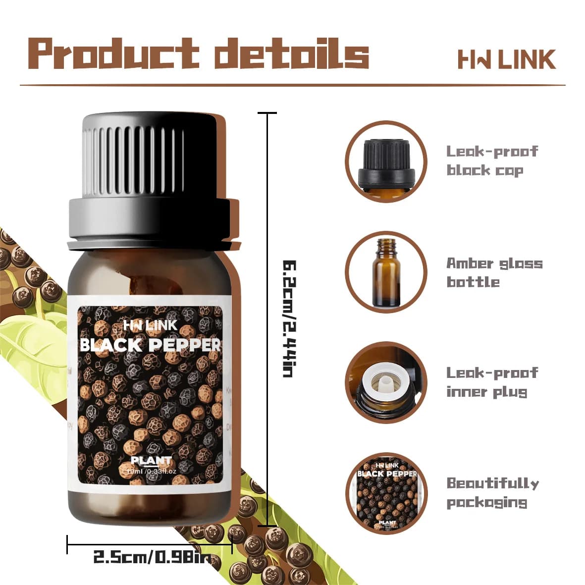 Huiles essentielles de poivre noir 100% pures pour aromathérapie, huile de poivre noir pour soins capillaires, diffuseurs, peau, Massage, maquillage cadeau