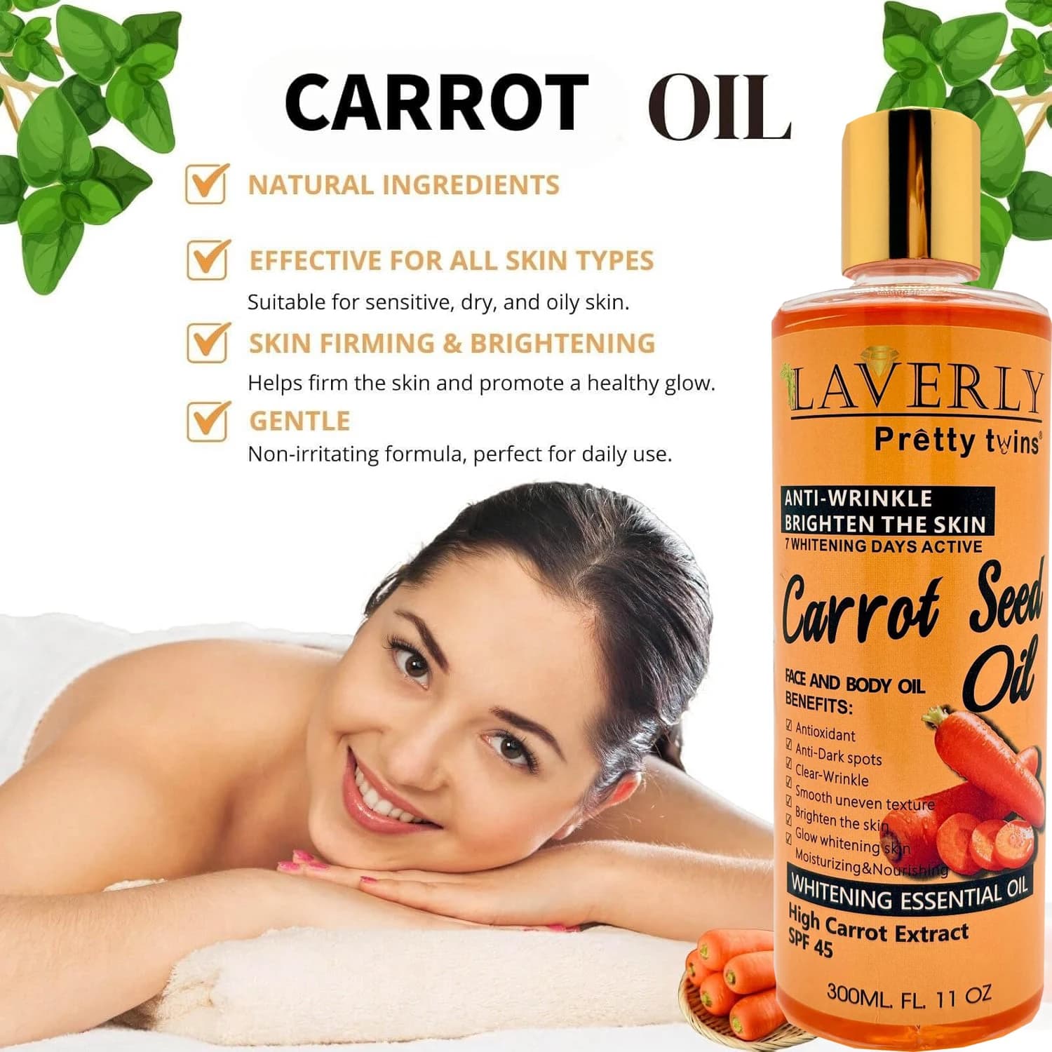 Huile corporelle hydratante à la carotte et au b-carotène 300 ml – Huile essentielle unisexe pour le corps, le visage et les mains