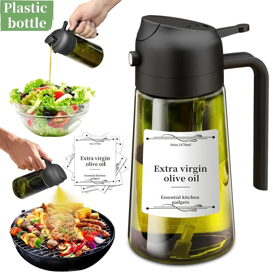 Distributeur et pulvérisateur d'huile d'olive 2 en 1, bouteille vert foncé de 16oz/470ml, plastique Durable avec 6 autocollants, Gadget de cuisine, 1 pièce