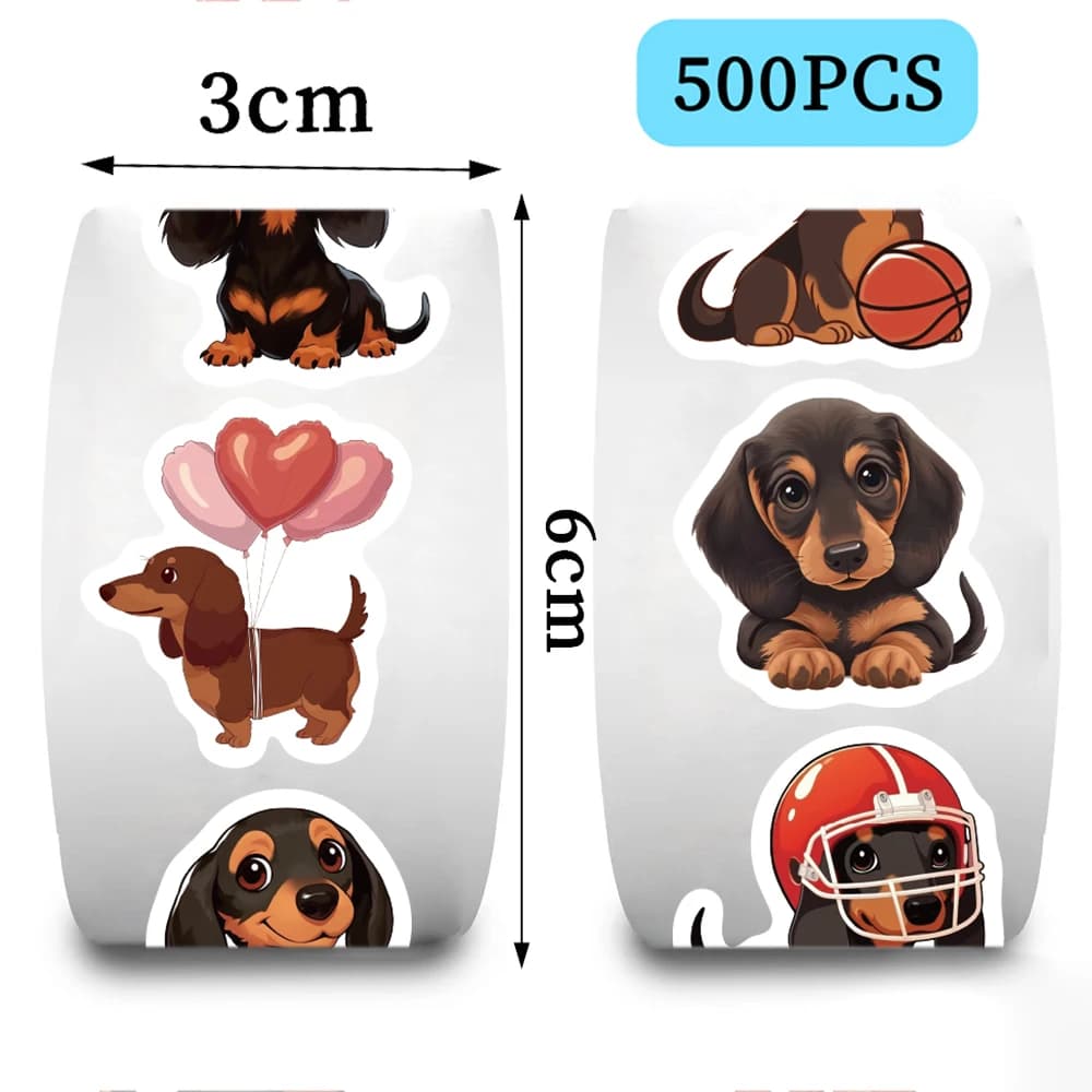Rouleau autocollant dessin animé chien saucisse mignon, 500 pièces, autocollant de sceau d'enveloppe pour compte à main, autocollant décoratif imperméable en PVC