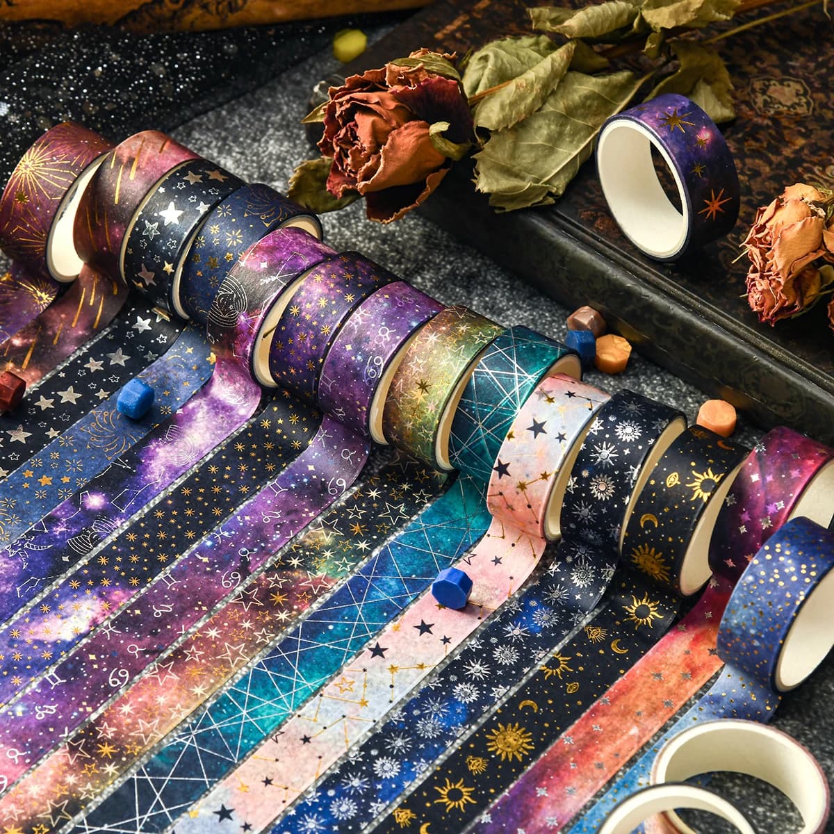 Ensemble de 12 rouleaux de ruban washi rétro ciel étoilé, 2 m de long / 1,5 cm de large, fournitures de papeterie et décoration de cadeaux, un cadeau pour les amis