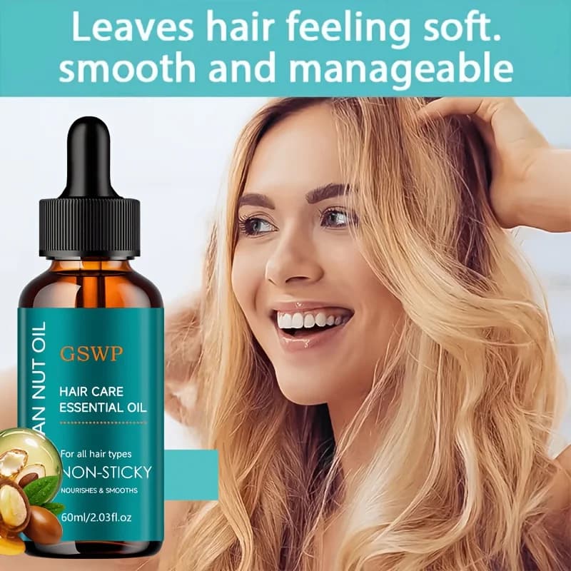 Huile capillaire à l'huile d'argan GSWP, contrôle les frisottis, non grasse, renforce les cheveux, répare les pointes fourchues, emballage haut de gamme. 60ml/120ml