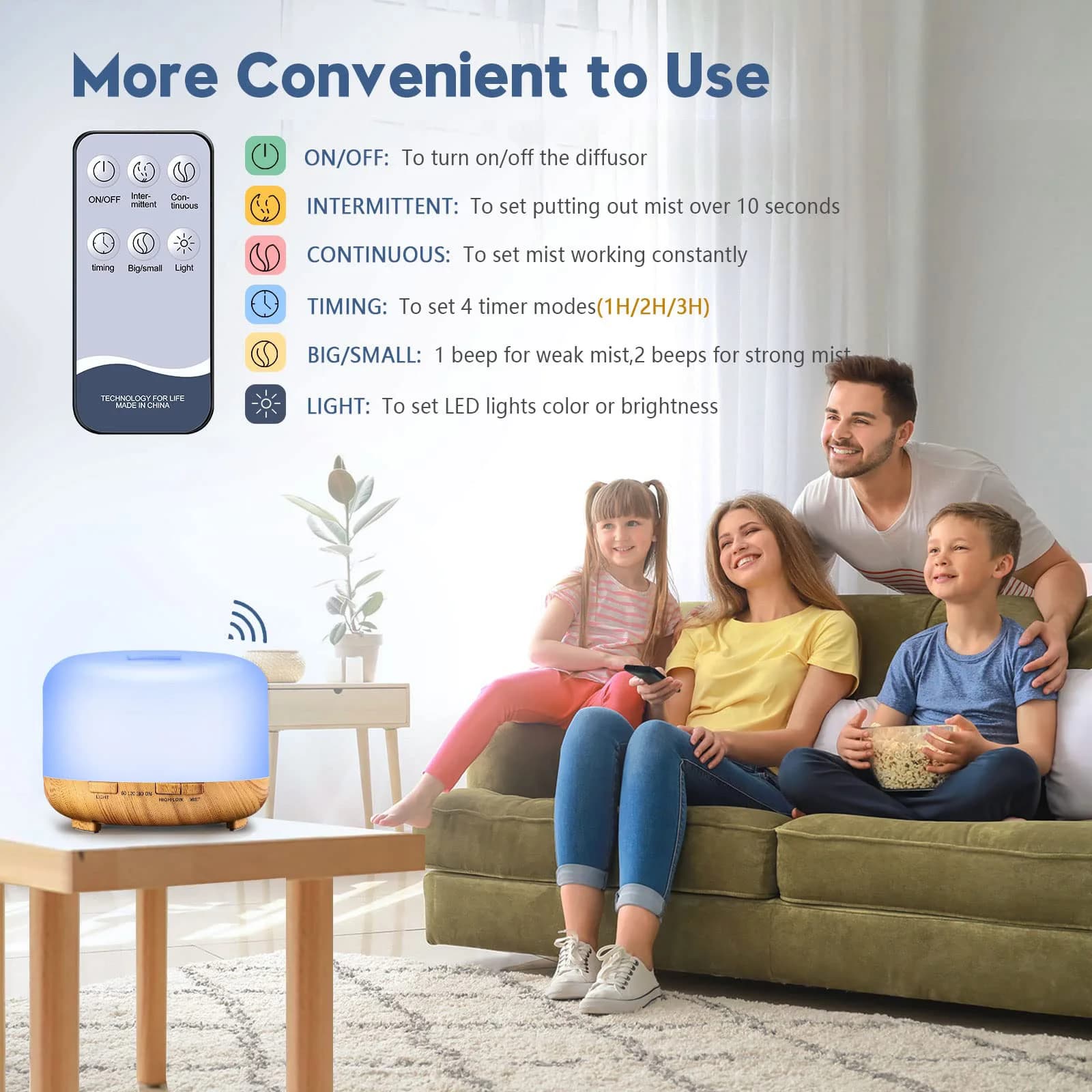 Diffuseur d'arôme 500ML (6 huiles en option), humidificateur diffuseur d'aromathérapie d'huile essentielle 5V 2A avec télécommande