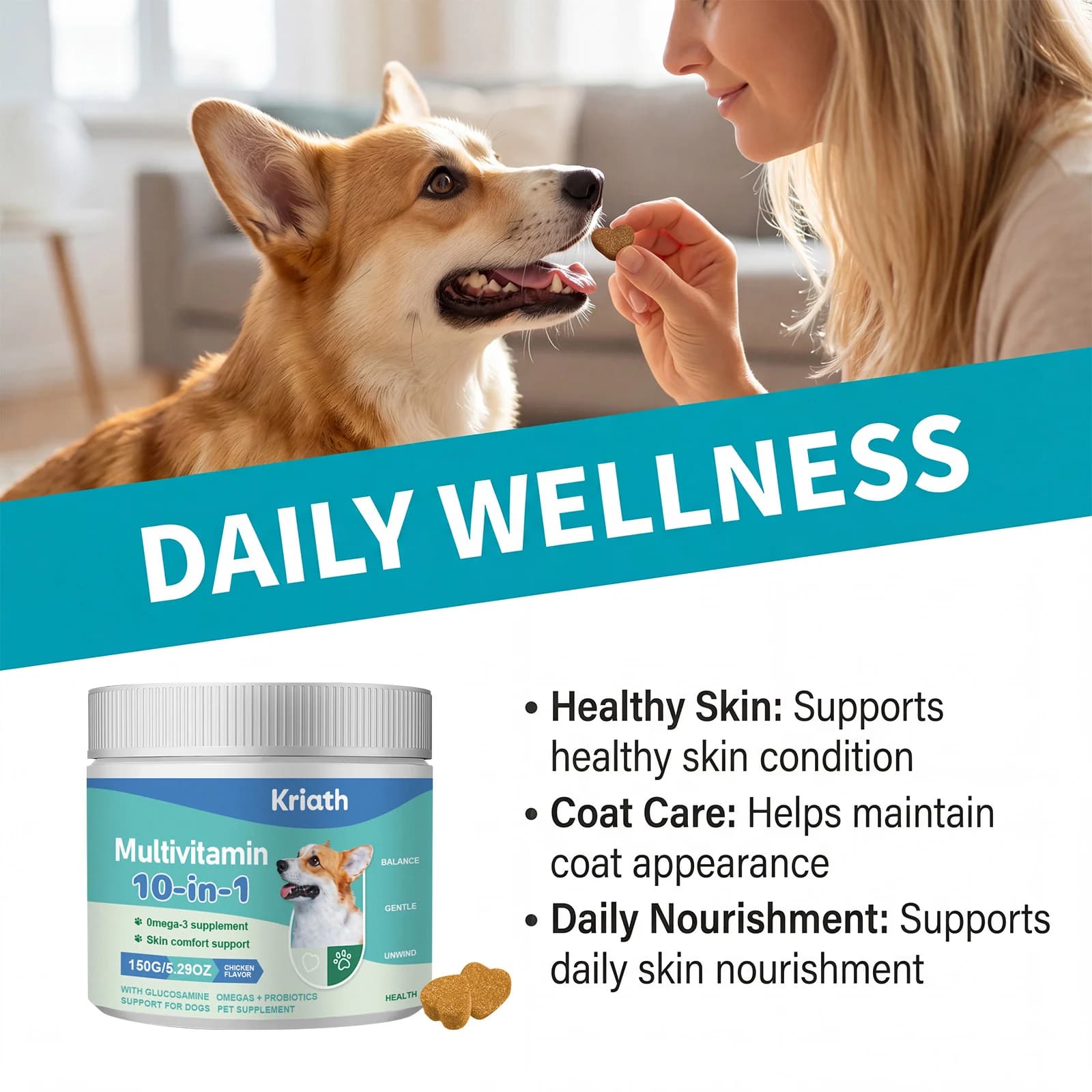 Multivitamines pour chien 150g, 10 vitamines en 1, compléments alimentaires pour animaux de compagnie, oméga-3, glucosamine pour chiots, soins de la peau, du pelage, de la digestion, du système immuni