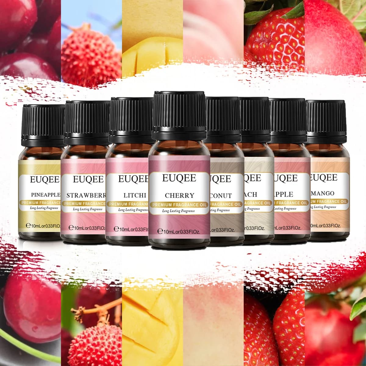 EUQEE 10ML 10ML huile parfumée de fruits sucrés pour l'aromathérapie, fabrication de bougies, savon bricolage, pomme, mangue, fraise, cerise, noix de coco, pêche