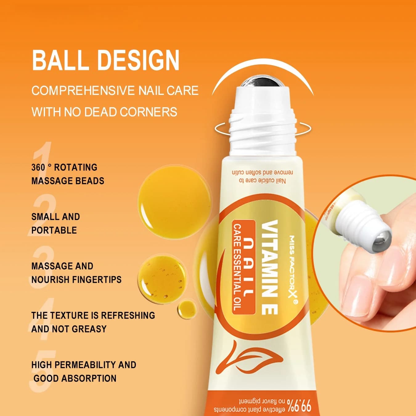Ongles à ongles à la vitamine E, huiles essentielles pour soins du cuir mort 12 ml contenant une variété de composants végétaux efficaces, perle roulante massa