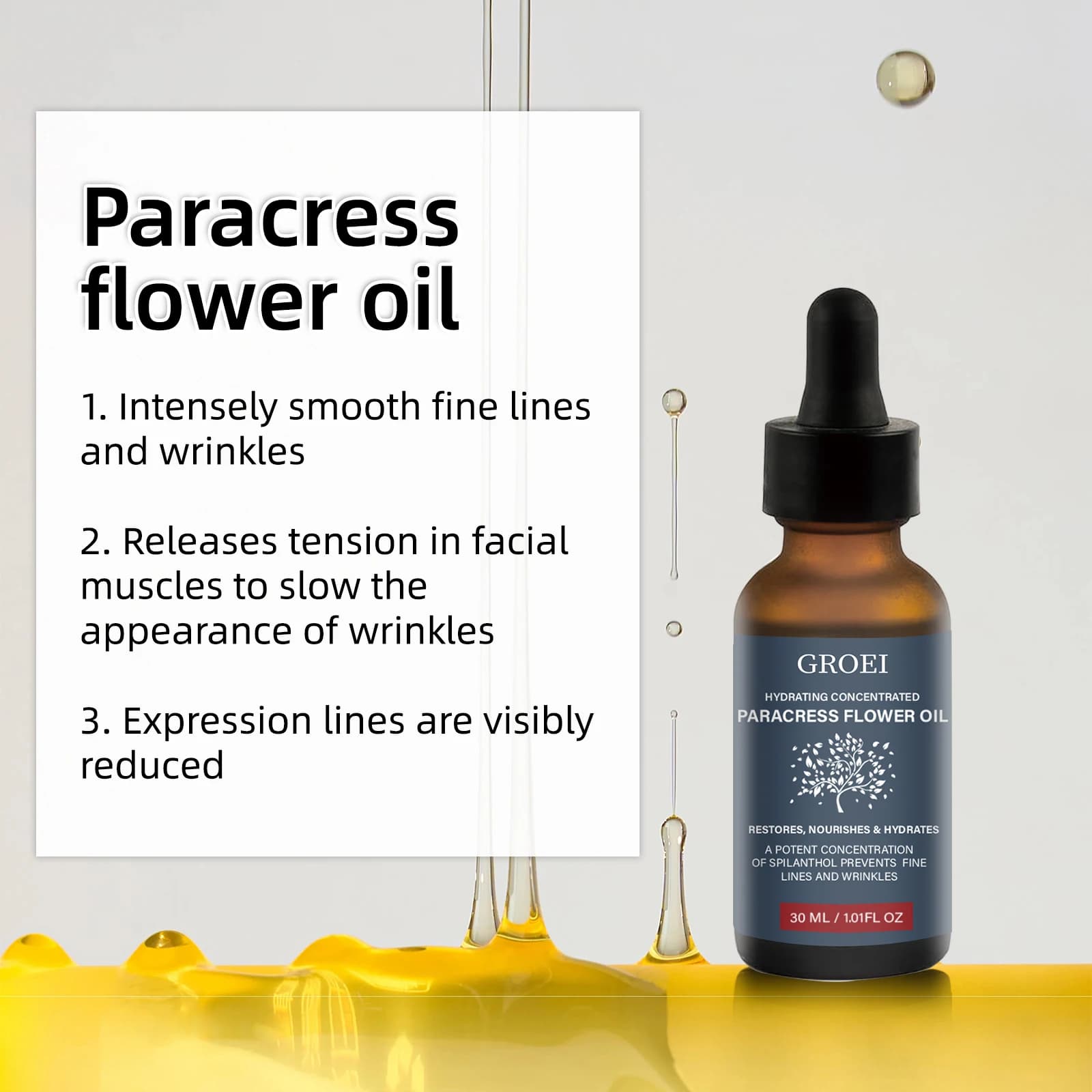 GROEI huile de fleur de paracress hydratante 30ml huile pour le visage Anti-âge réduire les ridules et les rides stimule le collagène sérum raffermissant naturel