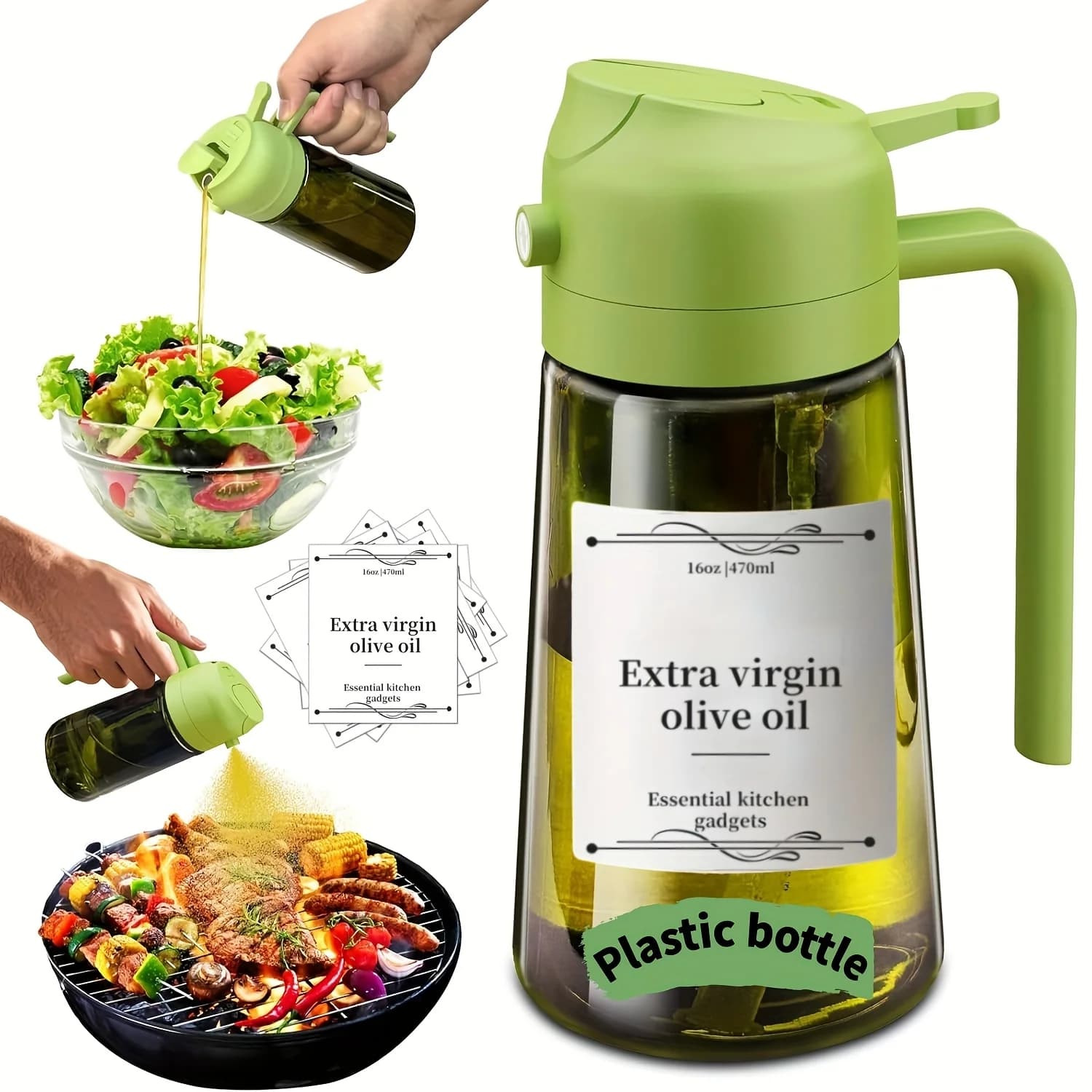 Distributeur et pulvérisateur d'huile d'olive 2 en 1, bouteille vert foncé de 16oz/470ml, plastique Durable avec 6 autocollants, Gadget de cuisine, 1 pièce