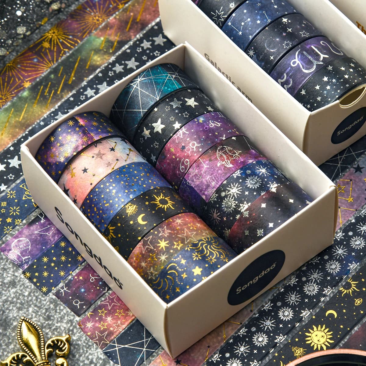 Ensemble de 12 rouleaux de ruban washi rétro ciel étoilé, 2 m de long / 1,5 cm de large, fournitures de papeterie et décoration de cadeaux, un cadeau pour les amis