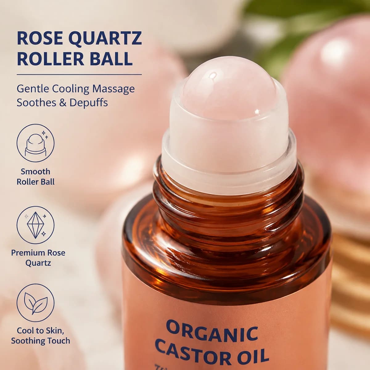 Huile de ricin bio pressée à froid sans hexane avec applicateur à bille en quartz rose, apaisante et hydratante pour le soin du visage et du corps