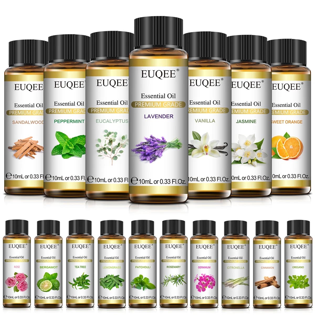 EUQEE 10ml Huile Essentielle Naturelle Pure Lavande Jasmin Eucalyptus Vanille Bois de Sandal Orange Citron Oregano Rose Bois de Cèdre Cannelle Citronelle Parfum