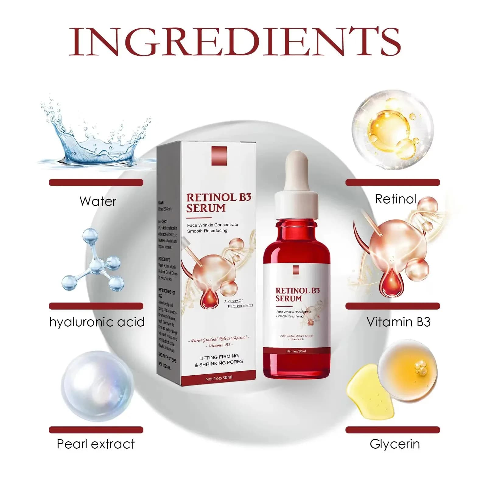 Essence anti-rides, Anti-âge, estompe les ridules, Lifting, raffermissant, réparation, lisse, hydratant, nourrissant, resserre le rétinol B3, sérum