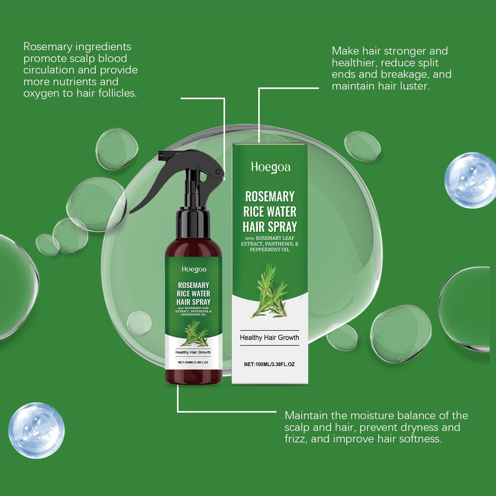Spray capillaire à la rosemaine et à l'eau de riz pour cheveux secs et abîmés, soin hydratant et nourrissant du cuir chevelu, anti-pelliculaire, pour des cheveux doux, lisses et renforcés.