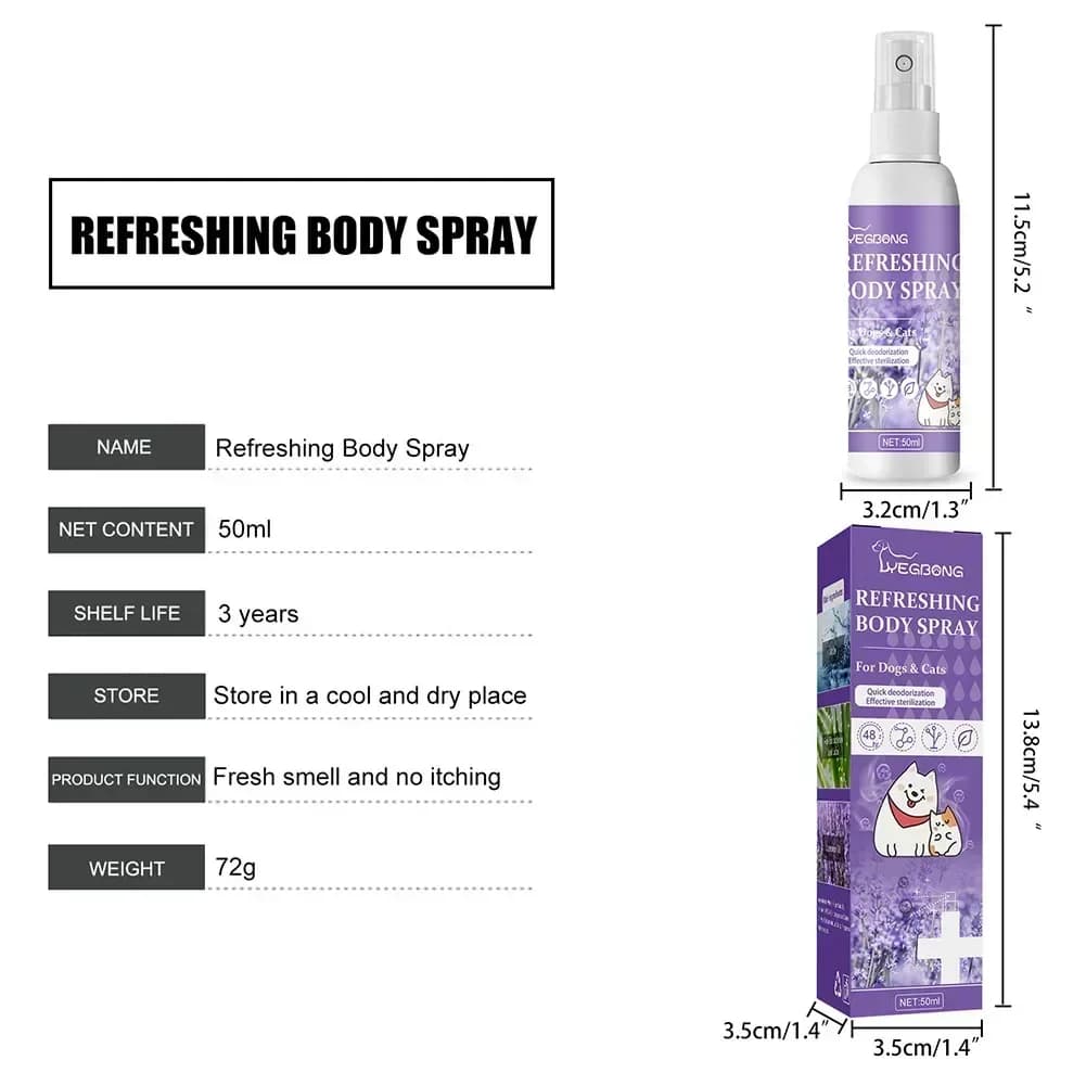 Spray désodorisant pour animaux de compagnie 50ml, parfum pour chien, huile de lavande, Spray désodorisant, Anti-démangeaison, parfumé, soins de beauté pour animaux de compagnie, chat et chien