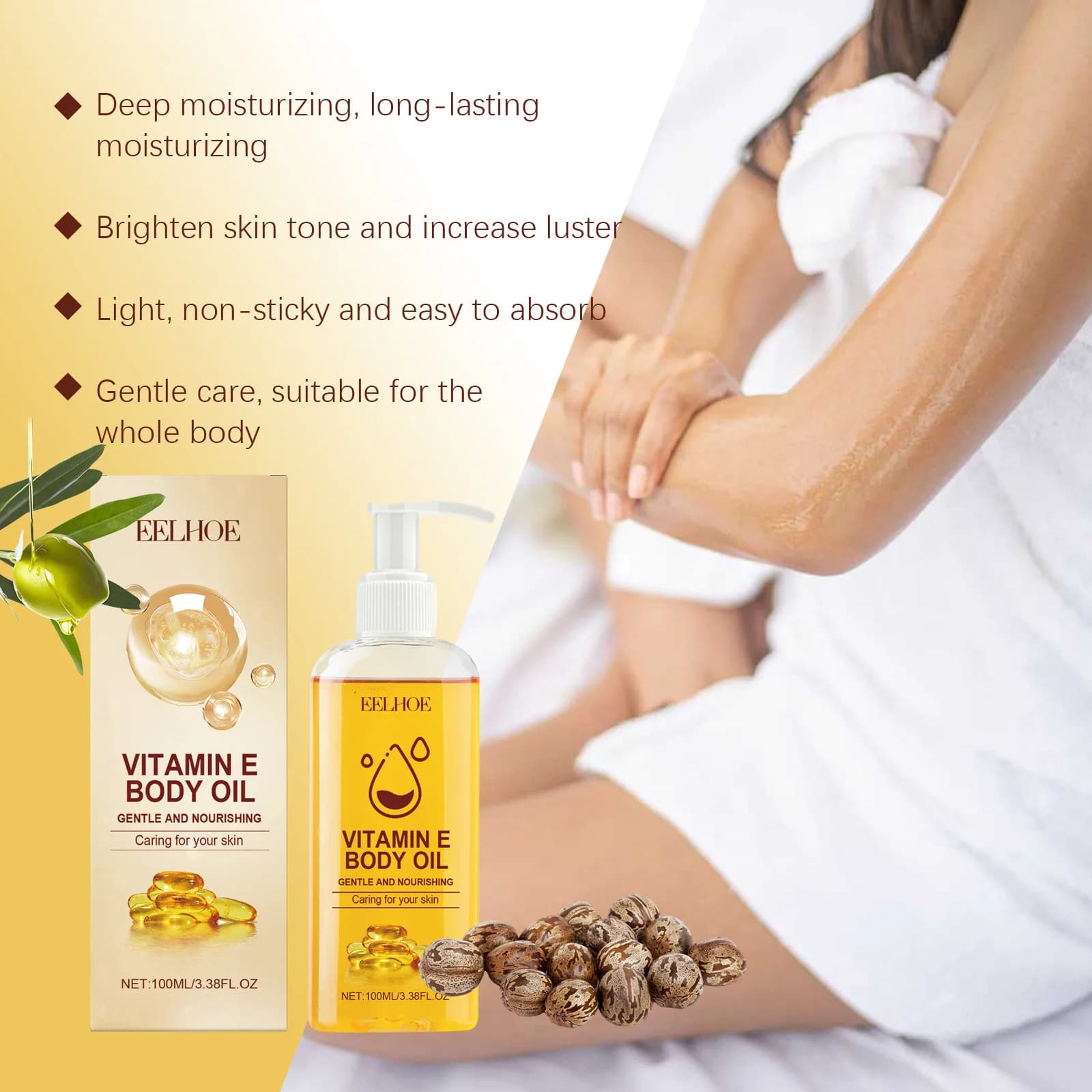 Huile hydratante à la vitamine E, soin de la peau, éclaircissant, raffermissant, masseur corporel, augmentation de titut de la peau