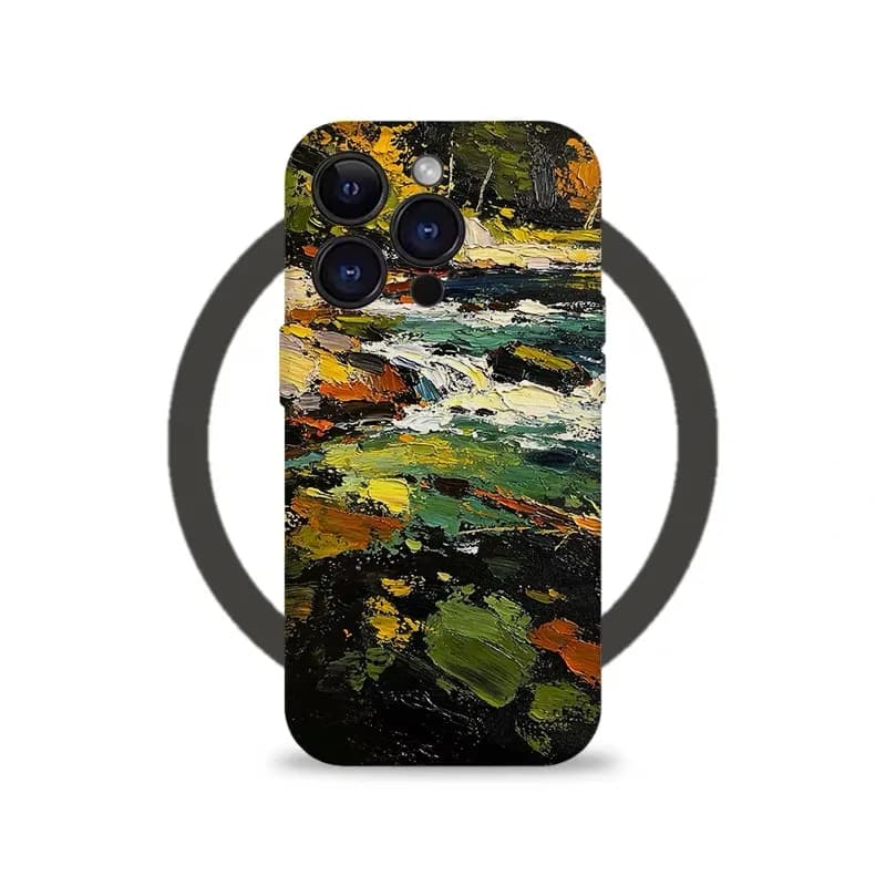 Coque de téléphone en acrylique motif peinture à l'huile Montagne et Rivière pour IPHONE 17 Air 16E 15 PROMAX 14 Plus 13 12 MINI 11 PRO 16Plus