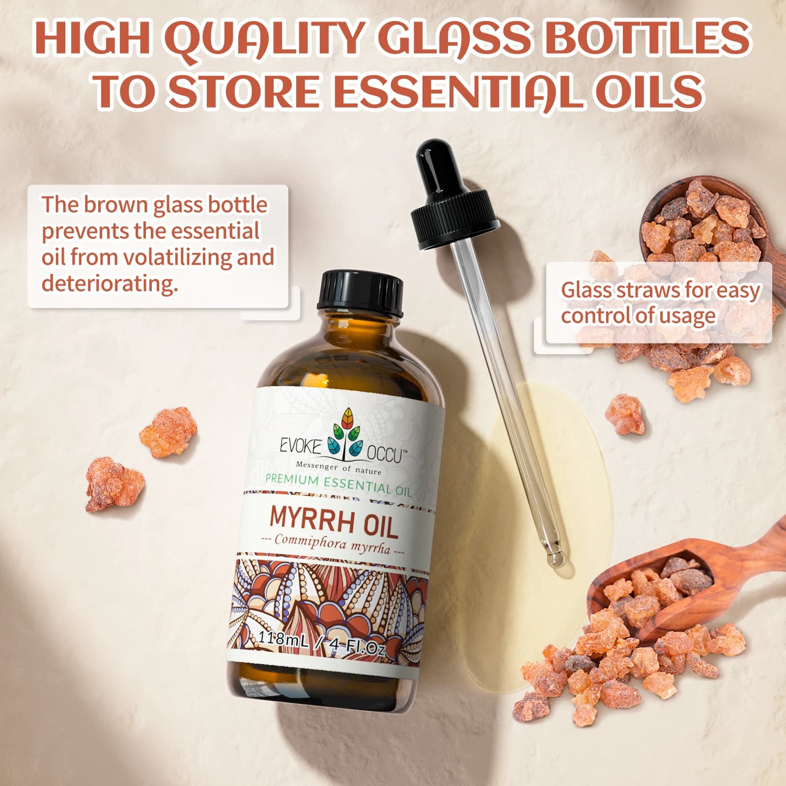 Huiles essentielles d'encens de Myrrhe EVOKE OCCU, 118 ml/4 fl.oz. Huile de Myrrhe Pure pour le Soulagement Corporel, Soin de la Peau, Humidificateur, Massage, Fabrication de Bougies et de Savons