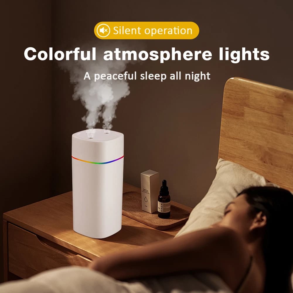 Humidificateur d'air à double port de pulvérisation, diffuseur d'huiles essentielles, aromathérapie, atomiseur muet, lumières colorées, maison, bureau, voiture, 600ml