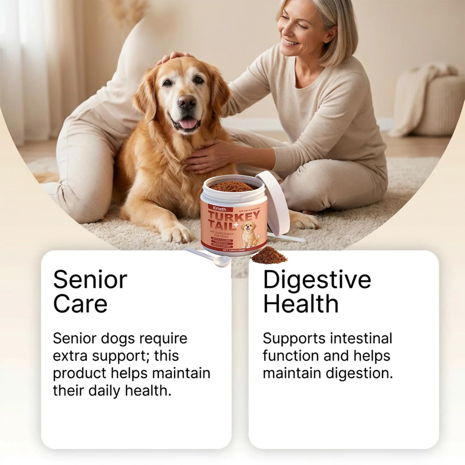 Poudre de complément nutritionnel pour chiens : Améliore la vitalité de l'animal, équilibre la flore intestinale, favorise la santé de la peau et du pelage, renforce les défenses corporelles 100g