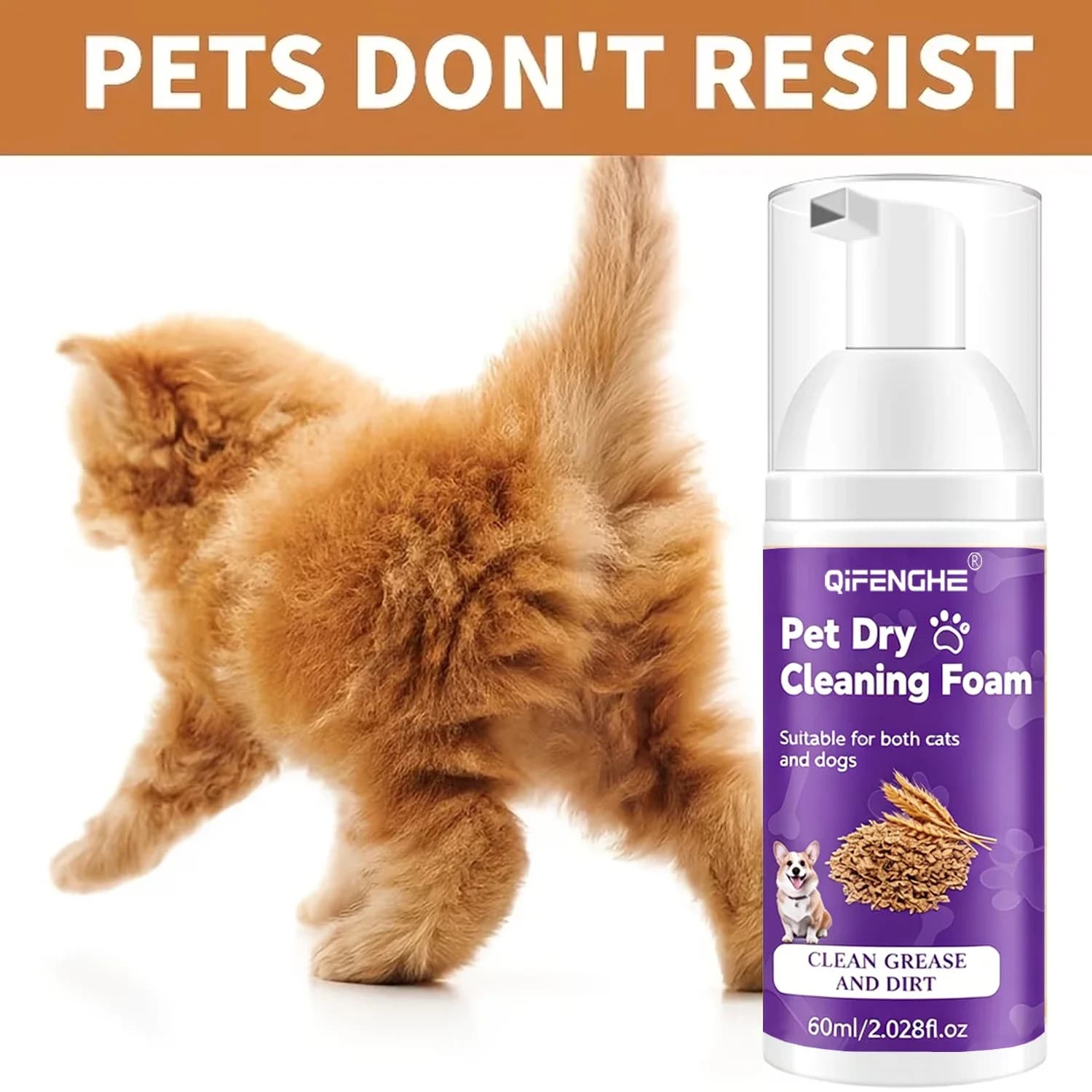 Shampooing sec pour chiens et chats - Mousse sans eau, sans rinçage, désodorisant et nettoyant pour chiots et chatons