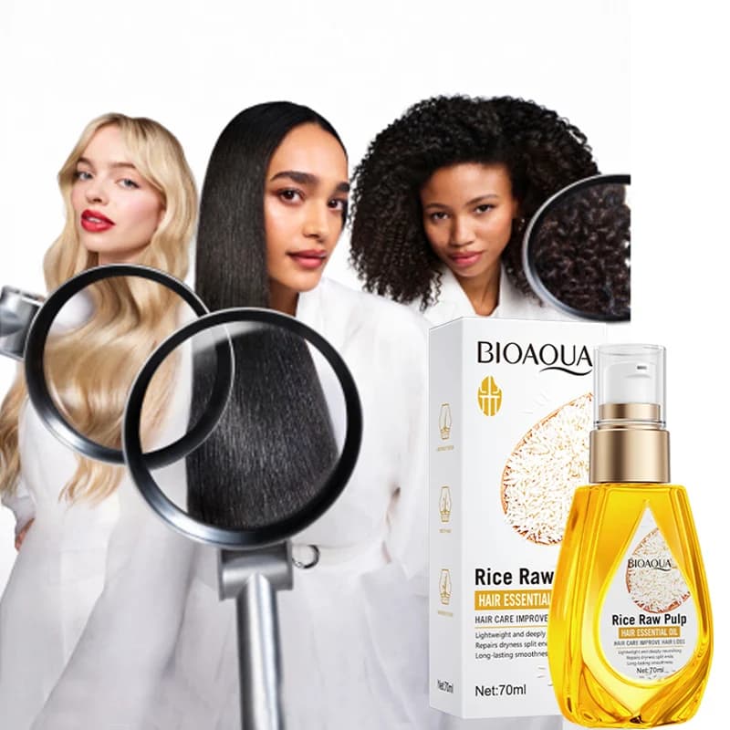 Huile essentielle pour les cheveux à base de purée de riz, après-shampoing lissant et réparateur, utilisé pour améliorer les cheveux crépus, abîmés, à pointes fourchues et secs.