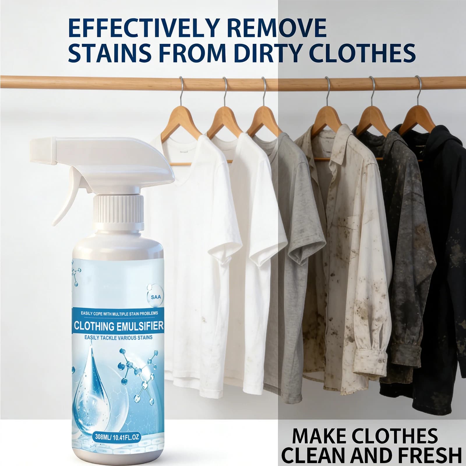 Spray émulsifiant détachant pour vêtements, élimination des taches d'huile, de graisse, de sang et de sueur sur les vêtements blancs, nettoyant tout usage 308ml