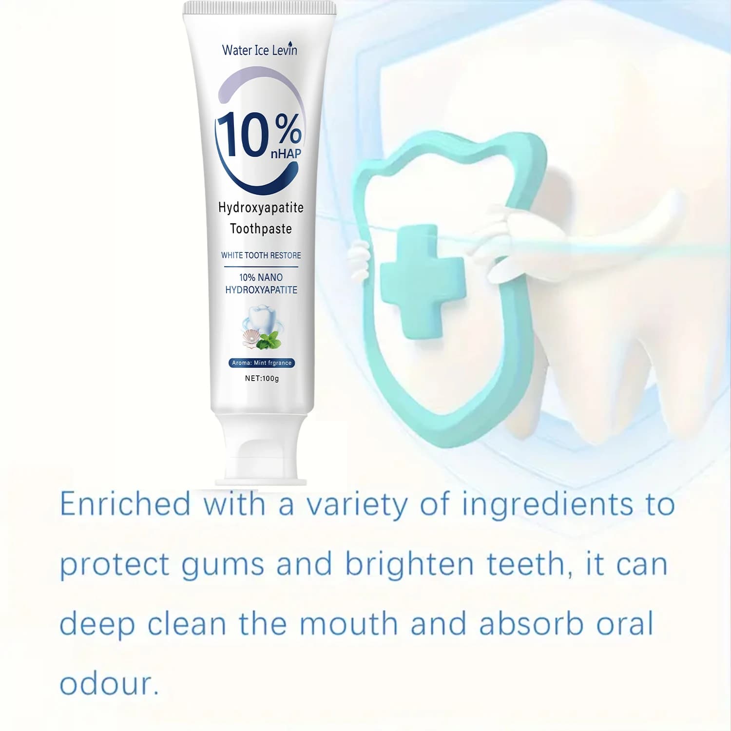 Le dentifrice nano hydroxyapatite 10% restaure les dents blanches. Protege les gencives. Nettoyage en profondeur. Éclairez le sourire. 100 g de menthe fraîche.