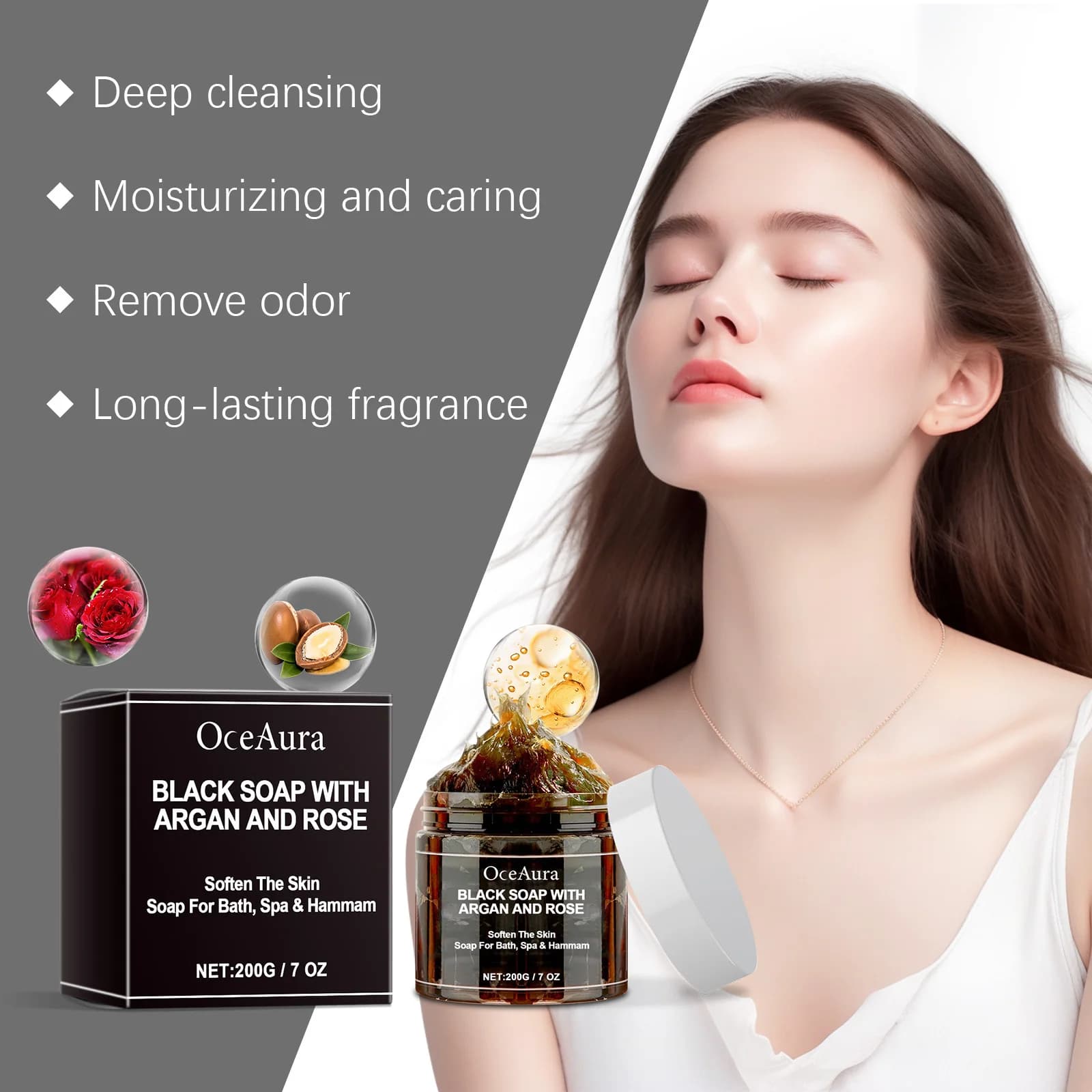 OCEAURA 200g Argan Rose bain savon noir doux nourrissant peau enlever la Surface de la peau saleté hydratation profonde serrure Anti-démangeaisons sèches