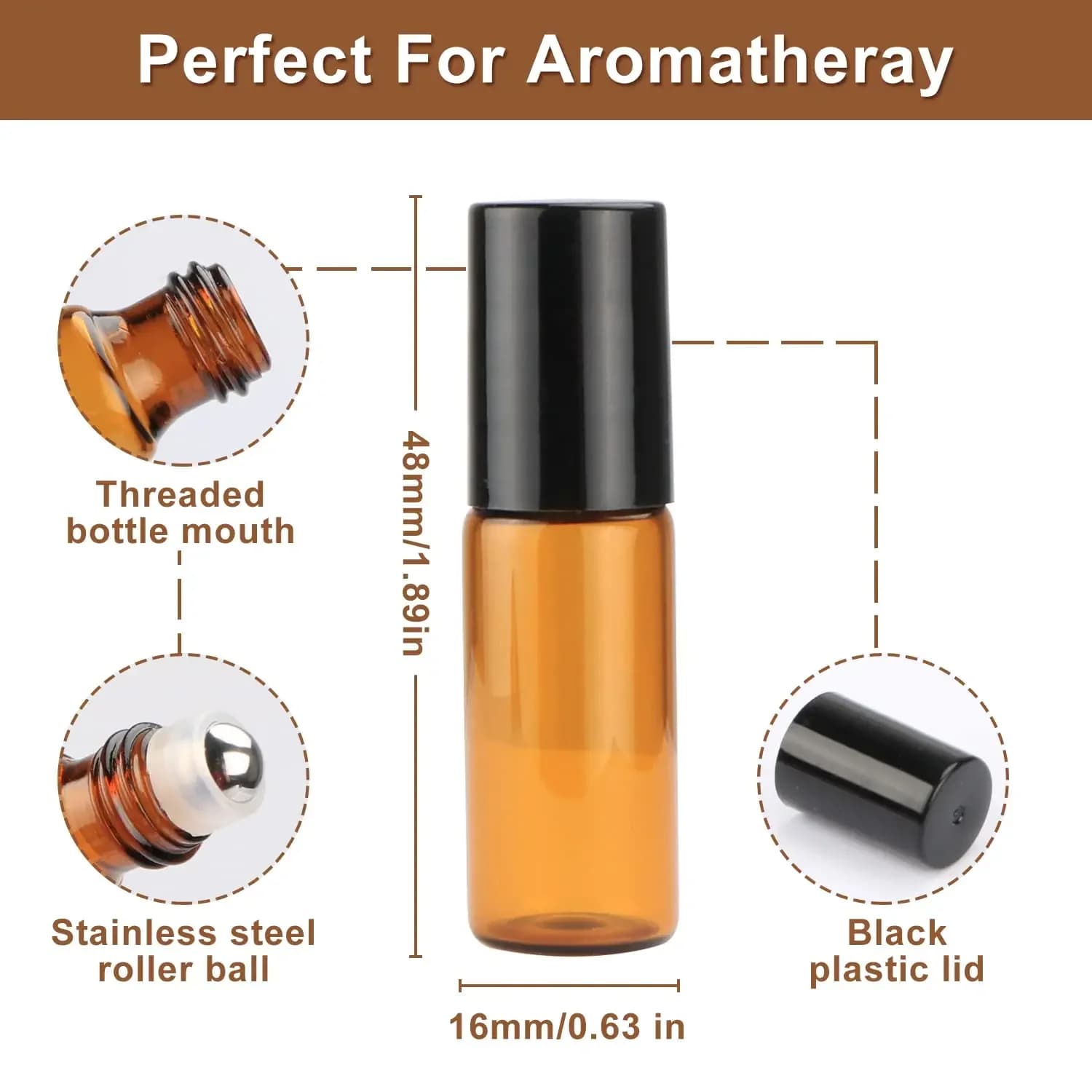 Bouteilles en verre à rouleau pour huiles essentielles, rouleau en verre rechargeable ambre, flacons d'huile métalliques, Mini bouteille, 5 à 50 pièces, 1ml, 2ml, 3ml, 5ml, 10ml