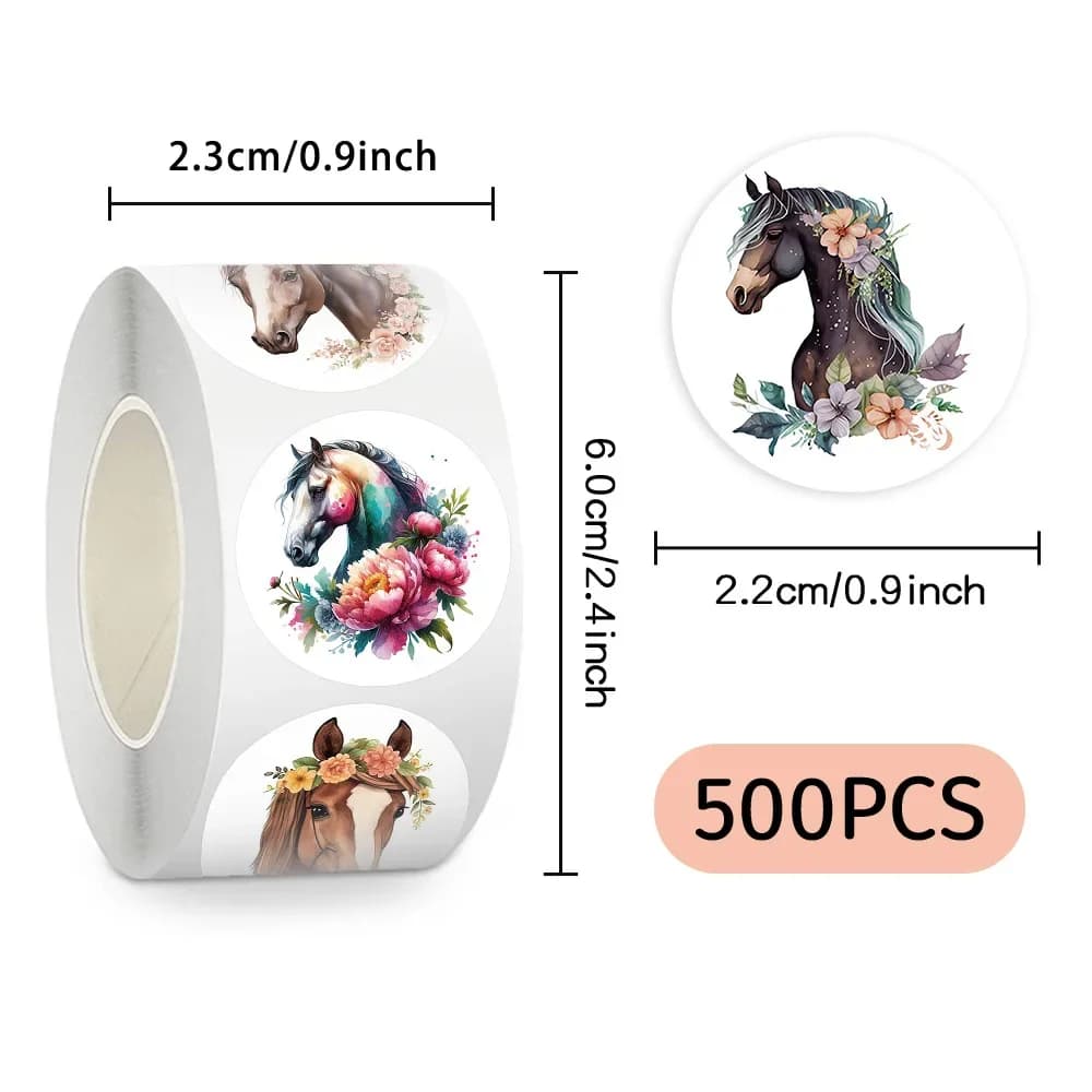 Rouleau d'autocollants cheval au galop, 500 pièces/rouleau, aquarelle, dessin animé drôle, pour ordinateur portable, téléphone, guitare, réfrigérateur, enveloppe, jouets pour enfants