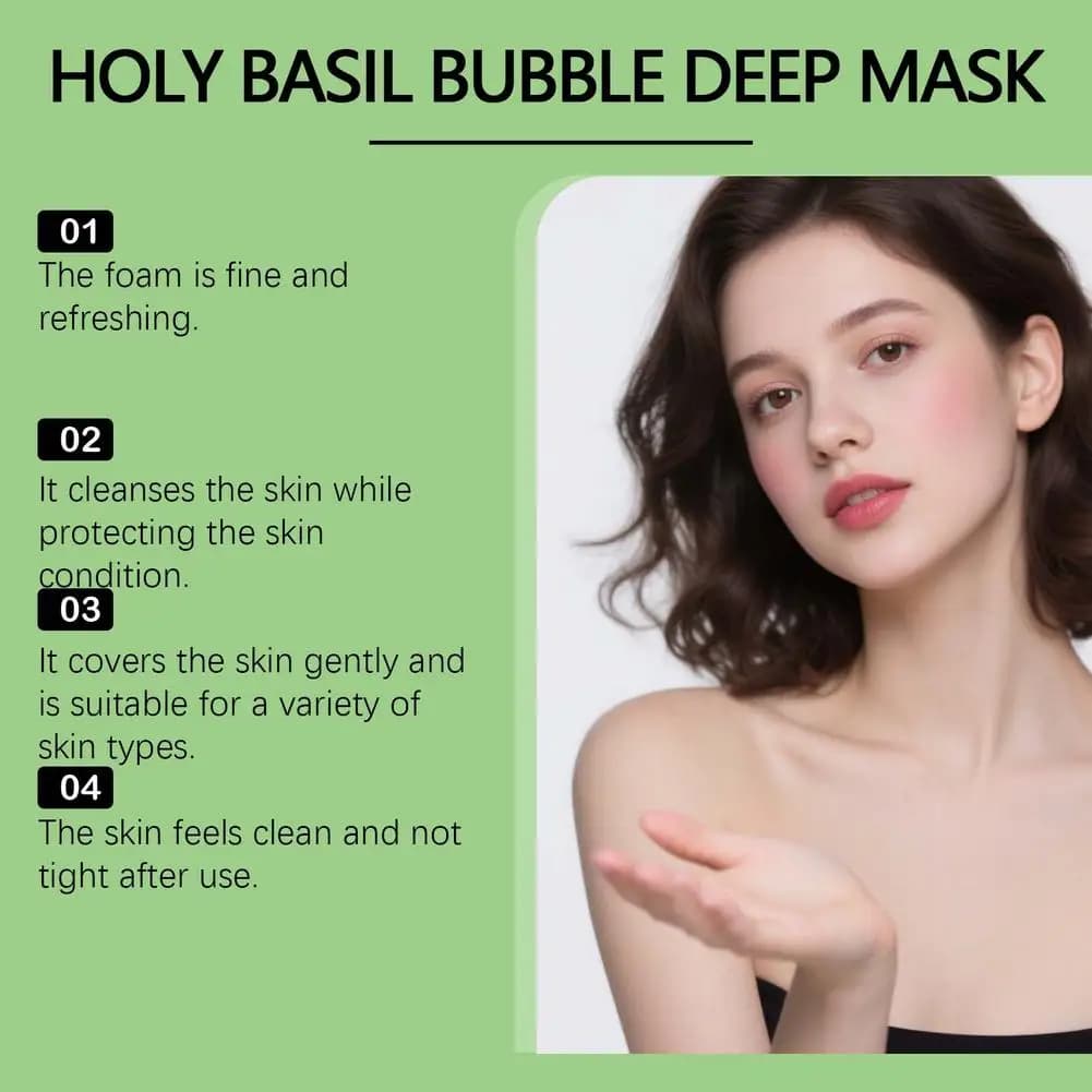 Masque facial à bulles de basilic sacré, nettoyage en profondeur et exfoliation, élimine les points noirs, resserre les pores, contrôle le sébum, soin hydratant pour la peau 90g