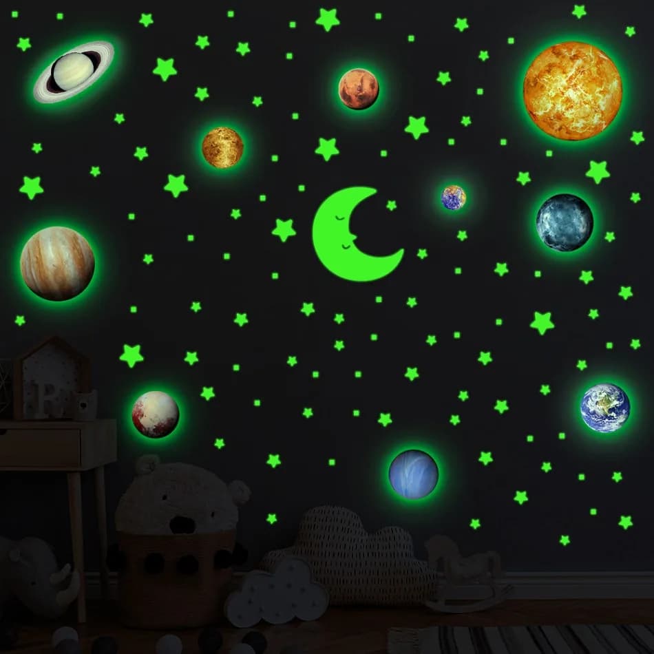 Autocollants muraux planètes qui brillent dans la nuit, sparadrap étoiles lumineuses pour chambre d'enfants, décoration murale auto-adhésive pour plafond de pièce, DIY bricolage