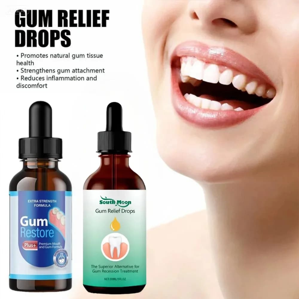 Gouttes réparatrices pour les gencives, soulagent les gencives reculées, favorisent la santé naturelle du tissu gingival, réparent les dents fortes, renforcent les gencives, soins dentaires