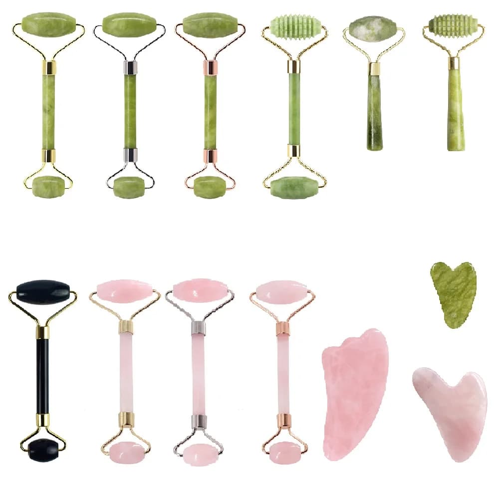 Masseur facial à rouleau de jade de quartz naturel avec planche guasha, kits vert rose noir pour massage au rouleau du visage et du cou