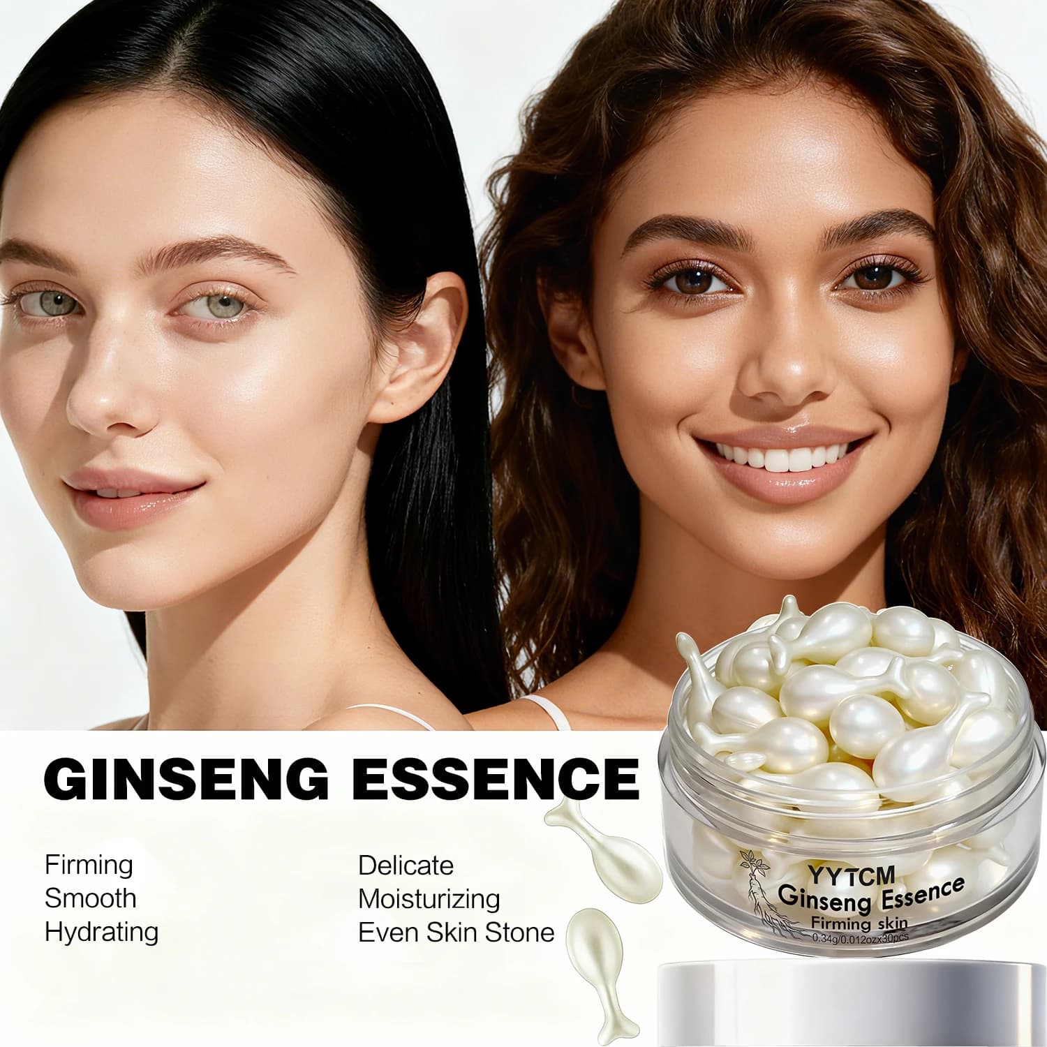 Capsules d'essence de ginseng, essence hydratante et raffermissante, contient du squalane, de la niacinamide, de la vitamine E, du rétinol, hydratation intense (0,34 g x 30 capsules)/flacon - 1 flacon