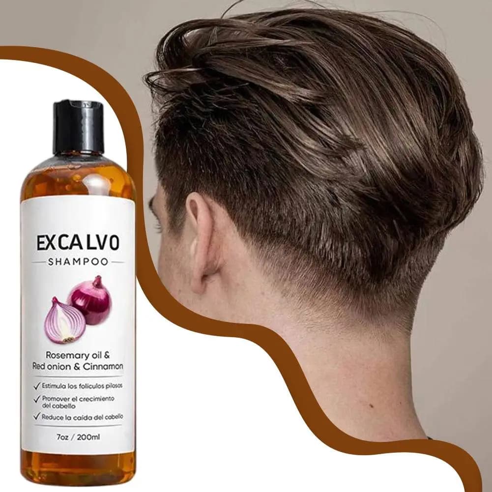 EXCALVO Shampooing Oignon & Romarin 200ml - Avec Cannelle, Réduit la Chute des Cheveux, Stimule les Follicules, Épaissit et Renforce les Cheveux