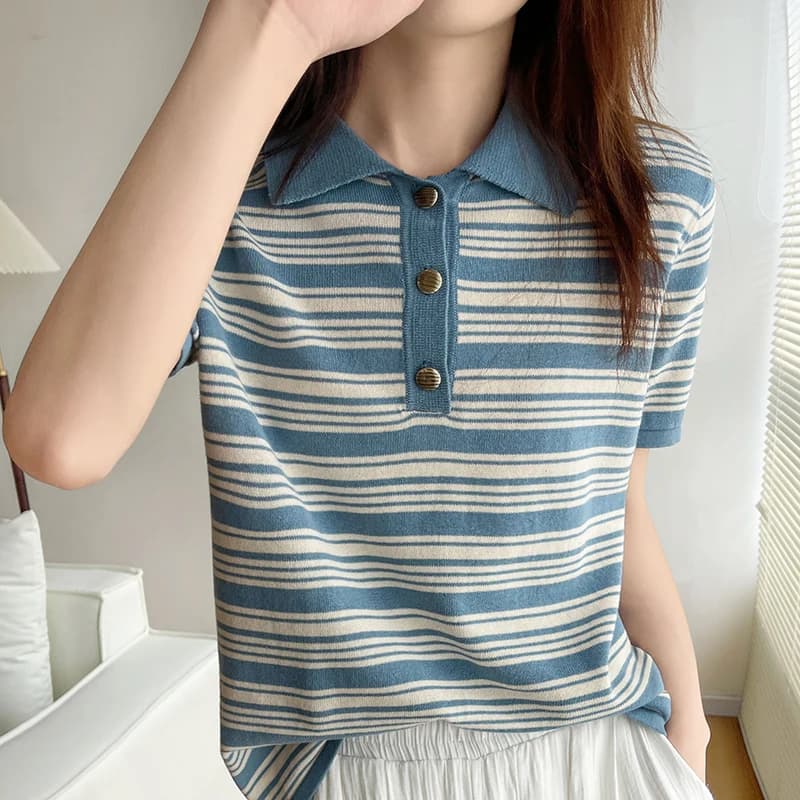 Pull rayé à manches courtes pour femme, t-shirt 100% coton, col rabattu, chemisier pour femme, t-shirts pull, boutons