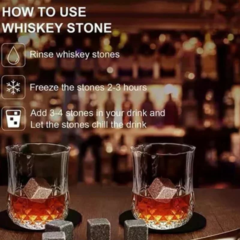 Pierres à whisky, coffret cadeau verres à whisky, pierres à whisky pour refroidir dans une boîte en bois artisanale – Rafraîchissement sans dilution