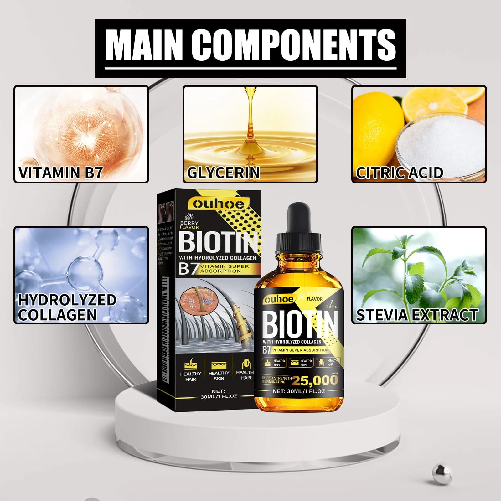 Nutrition biotine gouttes liquides huile essentielle collagène B7