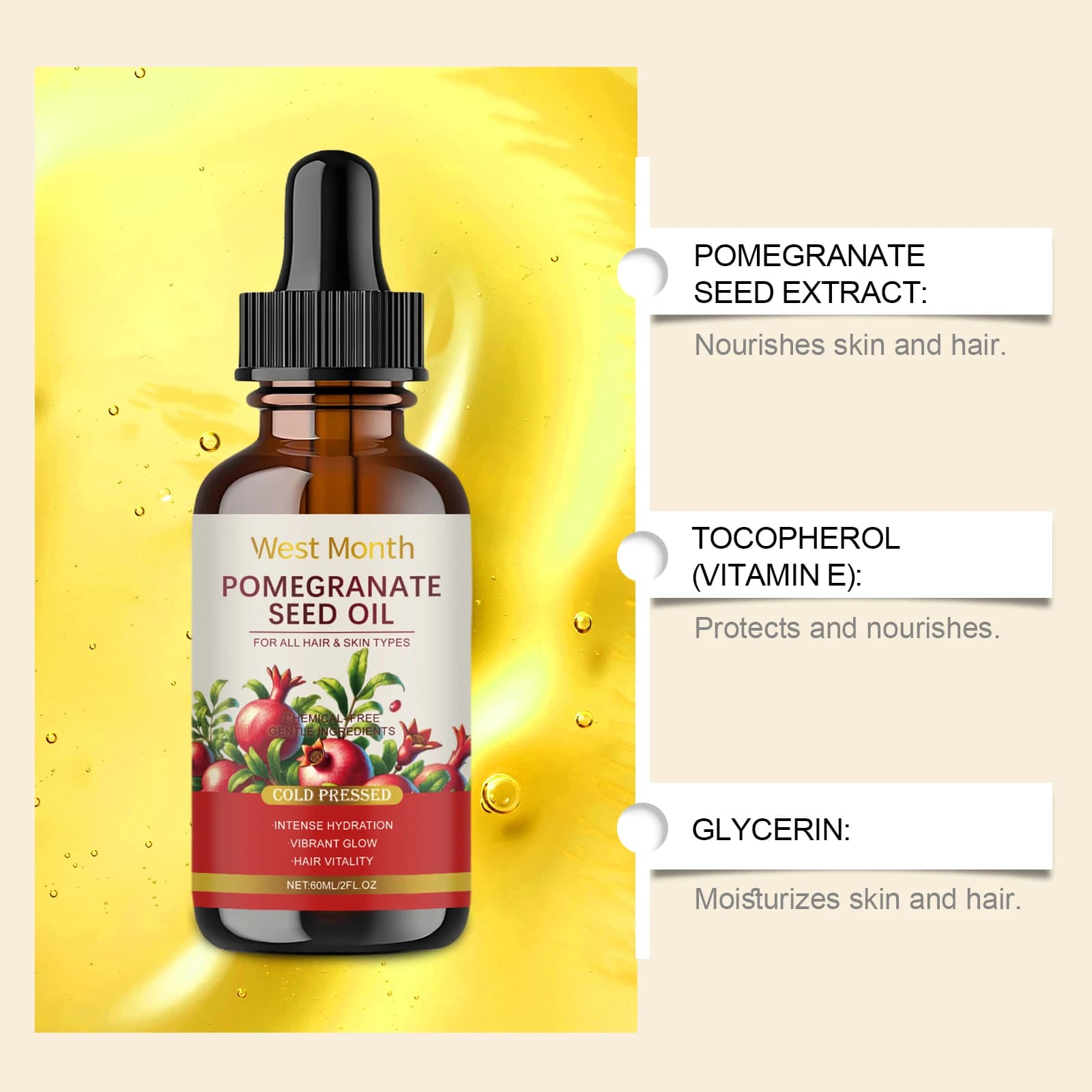 West Month 60ml huile essentielle hydratante de graines de grenade huile essentielle douce hydratante et hydratante soin de la peau du corps