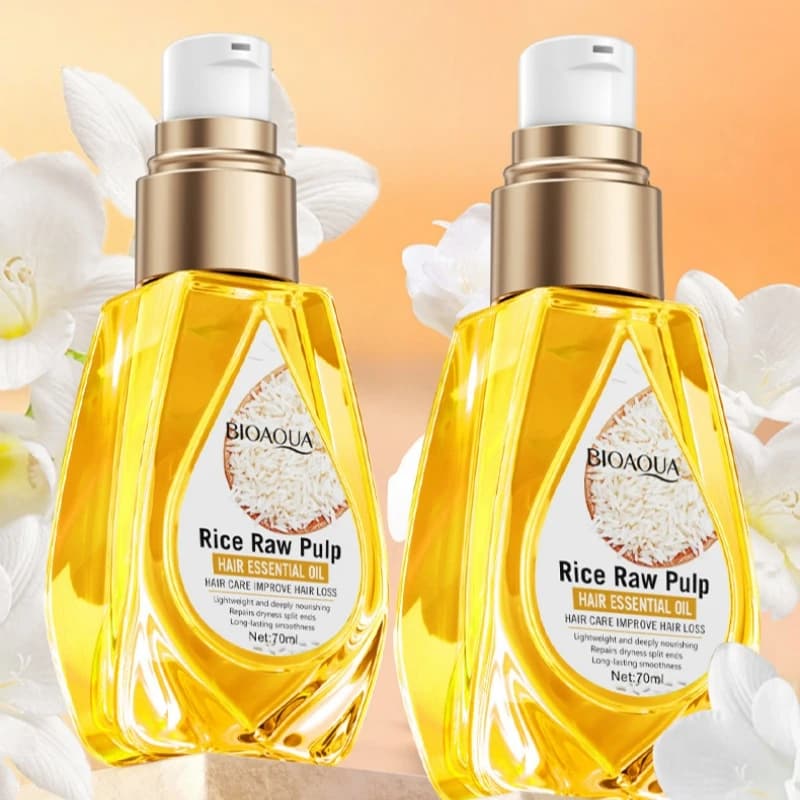 Huile Essentielle pour Cheveux à la Pulpe de Riz 70ml, Texture Fraîche, Facile à Absorber, Non Grasse, Nourrit Profondément les Cheveux, Rend les Cheveux Doux et Lisses, Facile à Peigner. Pas peiné qu