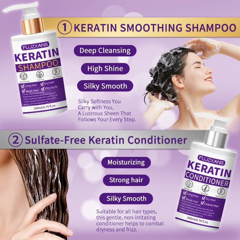 Ensemble Shampooing et Après-Shampooing à la Kératine, Traitement Professionnel Réparateur et Lissant pour Cheveux Secs et Abîmés, Anti-Frisottis, Hydratant, Cadeau