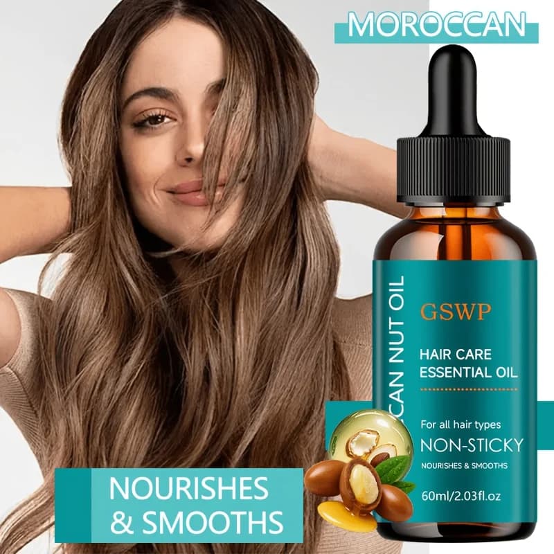 Huile capillaire à l'huile d'argan GSWP, contrôle les frisottis, non grasse, renforce les cheveux, répare les pointes fourchues. Pour tous types de cheveux. 60/120 ml