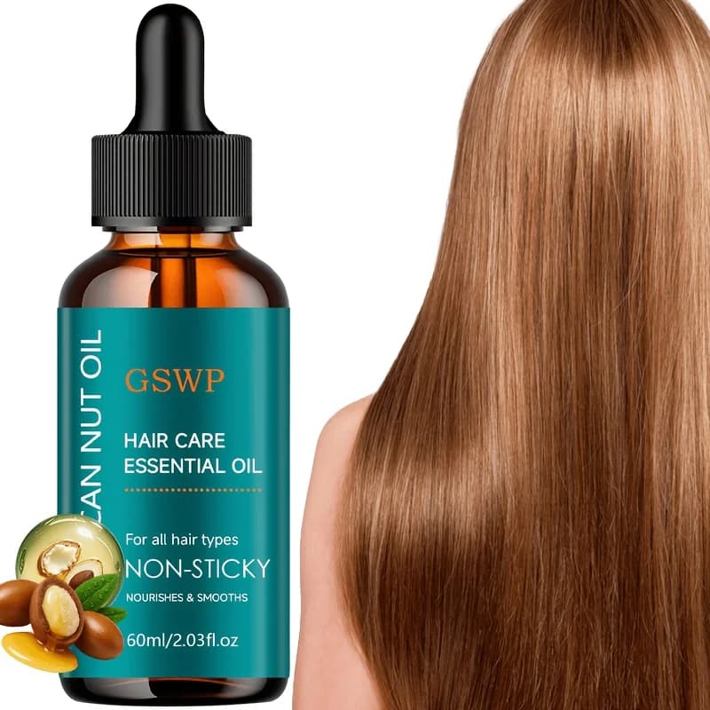 Huile capillaire à l'huile d'argan GSWP, contrôle les frisottis, non grasse, renforce les cheveux, répare les pointes fourchues. Pour tous types de cheveux. 60/120 ml