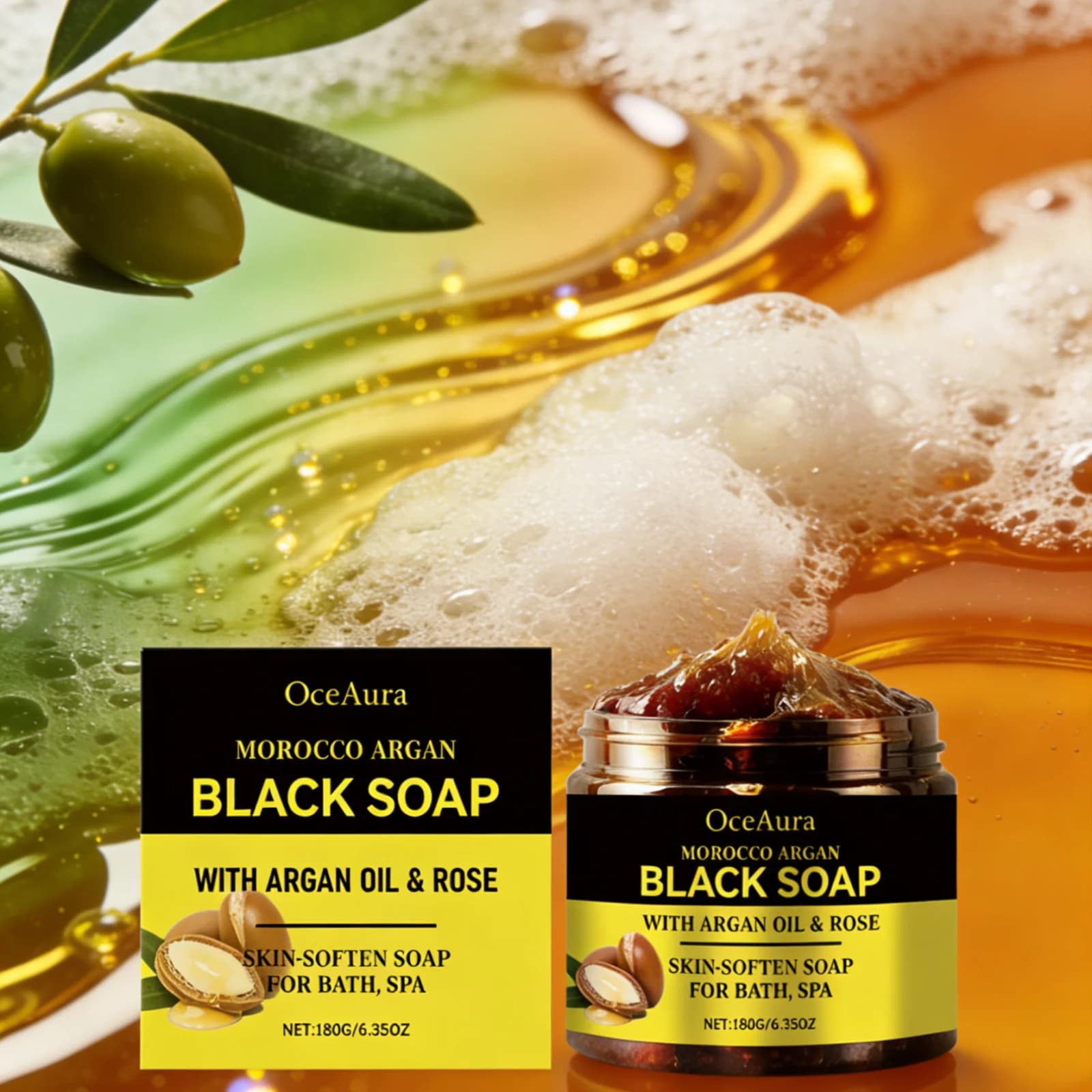 OceAura savon noir huile d'argan maroc exfoliant corps lisse doux professionnel nettoyage de la peau Spa huile de fleur de Rose savon de bain 180g