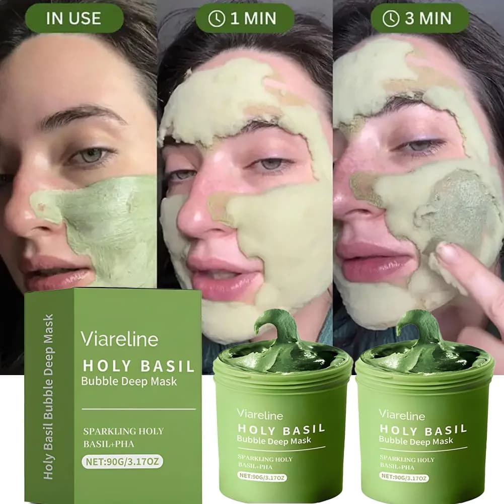 Masque facial à bulles de basilic sacré, nettoyage en profondeur et exfoliation, élimine les points noirs, resserre les pores, contrôle le sébum, soin hydratant pour la peau 90g