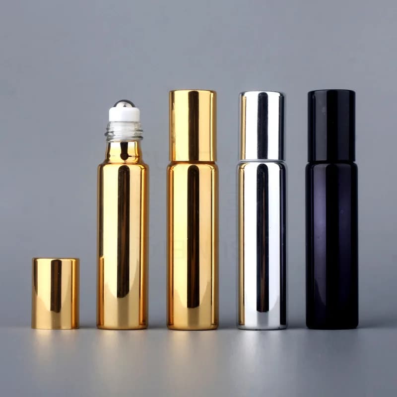 Flcopropriété Roll-On en Verre avec Boule en Acier Inoxydable pour sexuellement, Crème pour les Yeux, Huile Essentielle, Voyage HI, 10ml, Or, Argent, Noir