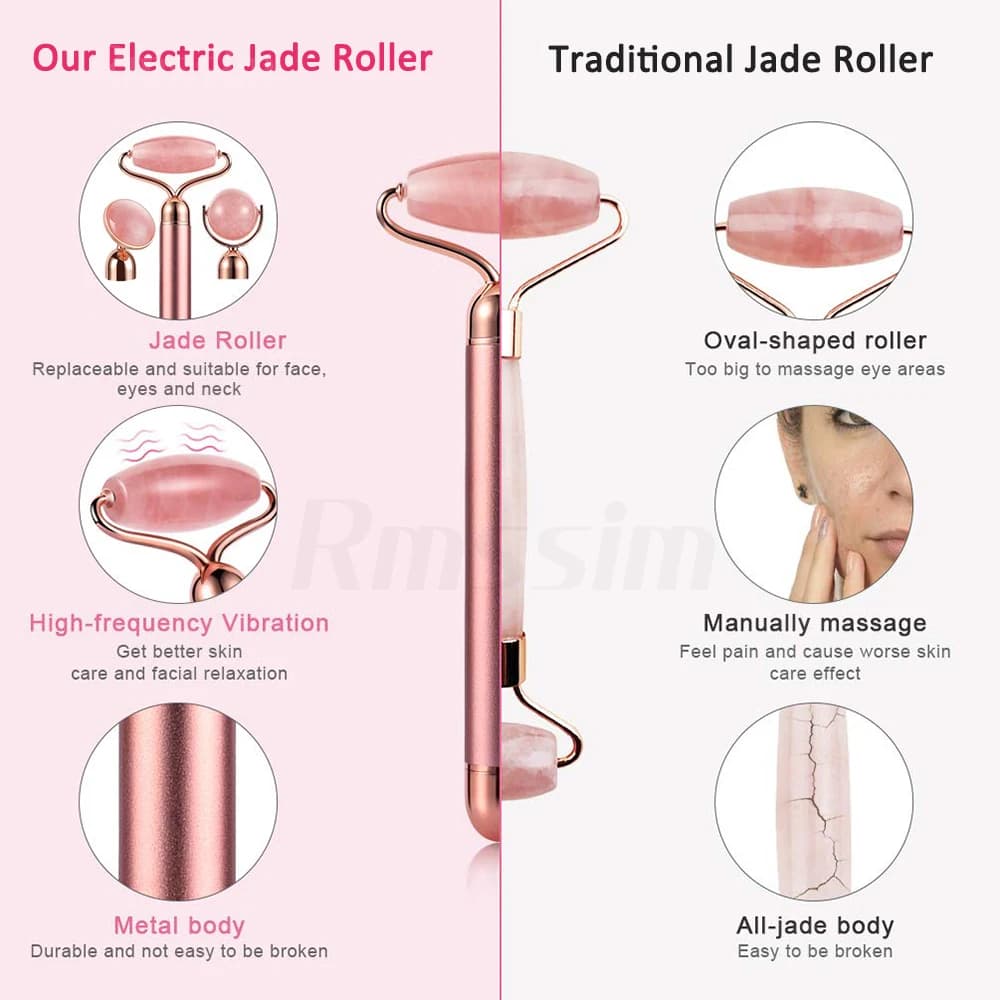 Nouveau masseur électrique vibrant à rouleau de Jade pour minceur Lifting du visage Quartz Rose 3D